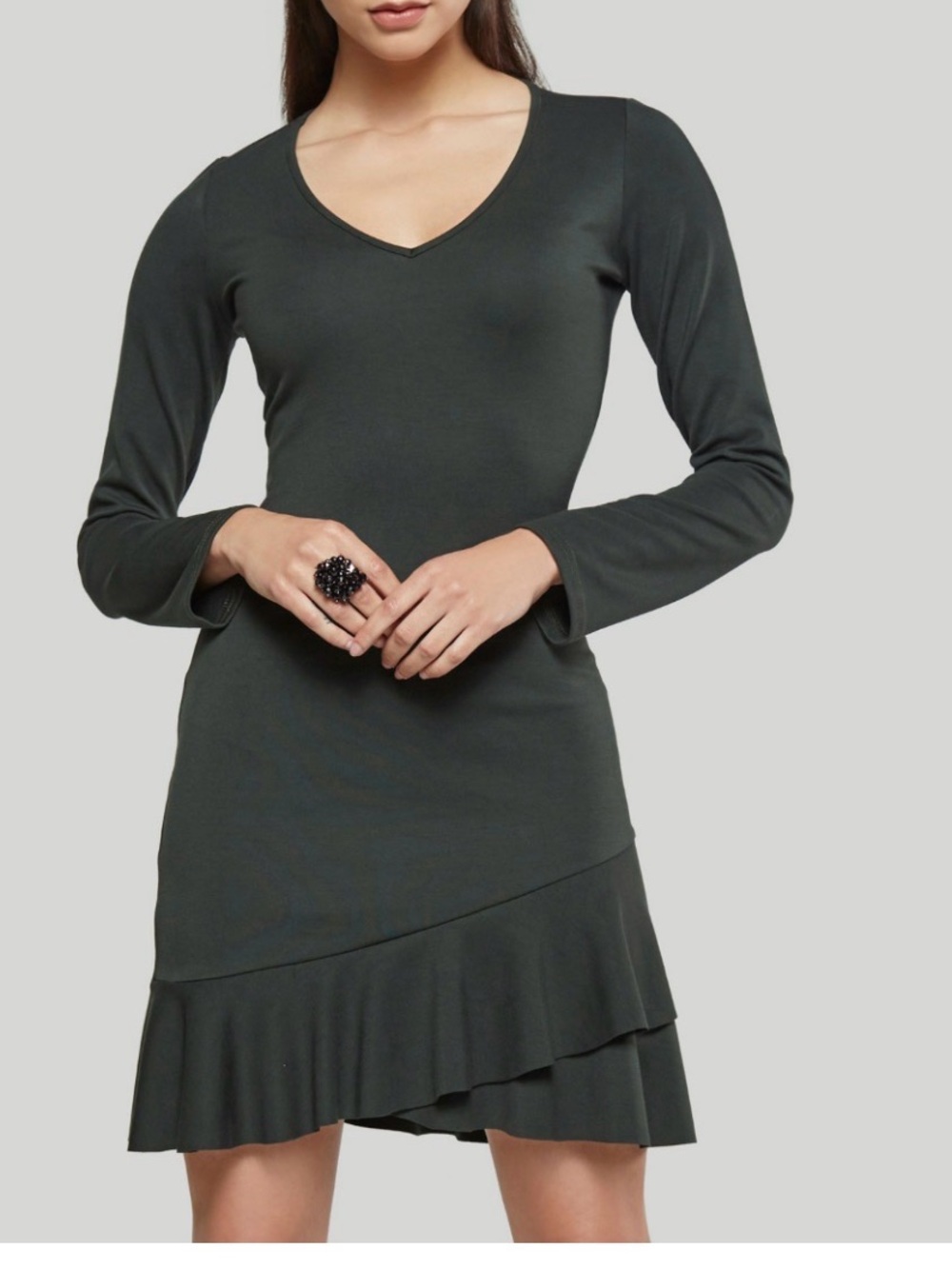 Banana Republic Black Long-Sleeve V-Neck Ruffle Hem Dress
